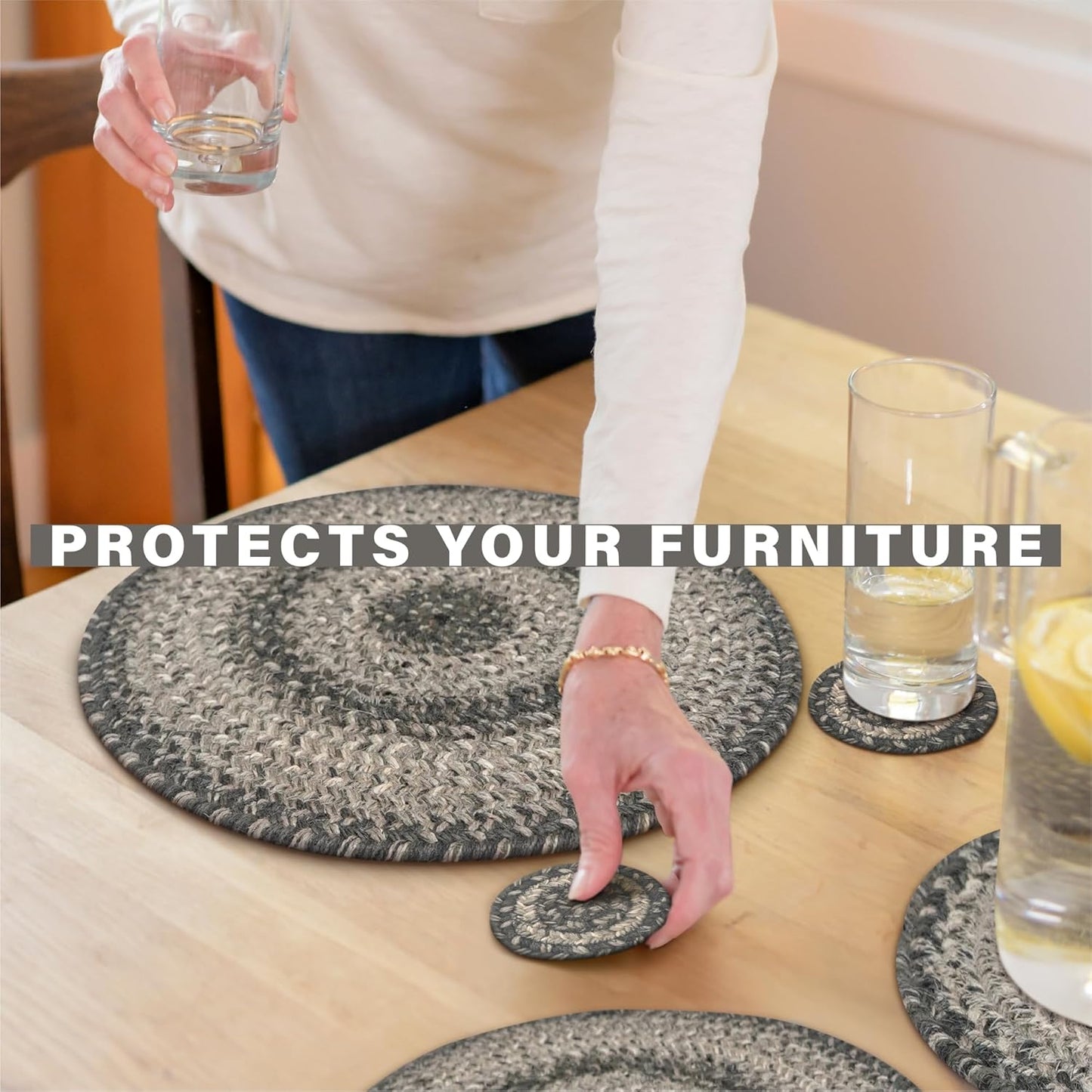 Flint Hill Jute Woven Round Placemats Set of 6, 15", Warm Primitive Decor, Grey Table Mats - Vibrant Colors, Durable, Easy to Clean and Protects Furniture