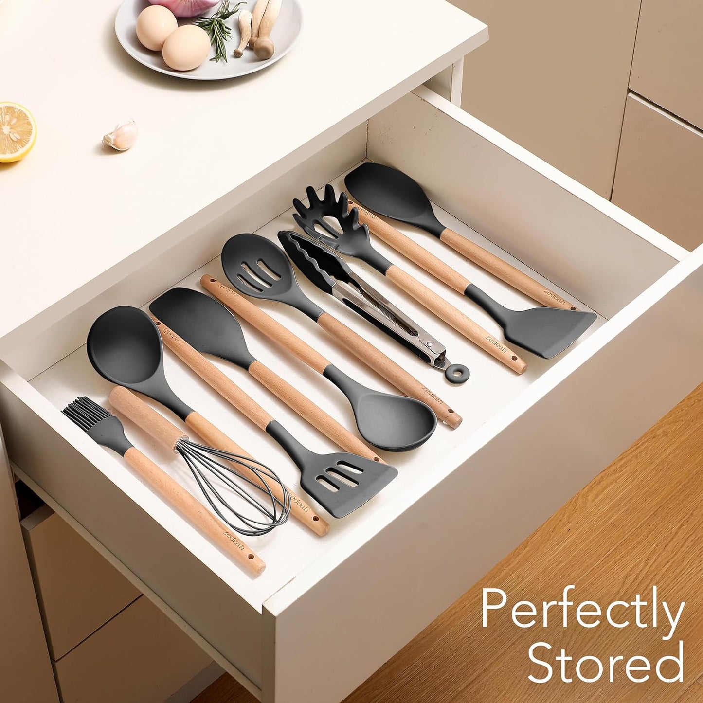 11-Piece Silicone Kitchen Utensil Set with Spatulas, Tongs, Whisk, Turner & Ladle – Heat Resistant, Non-Scratch Cooking Tools with Wooden Handles, Dishwasher Safe, BPA-Free (Black)