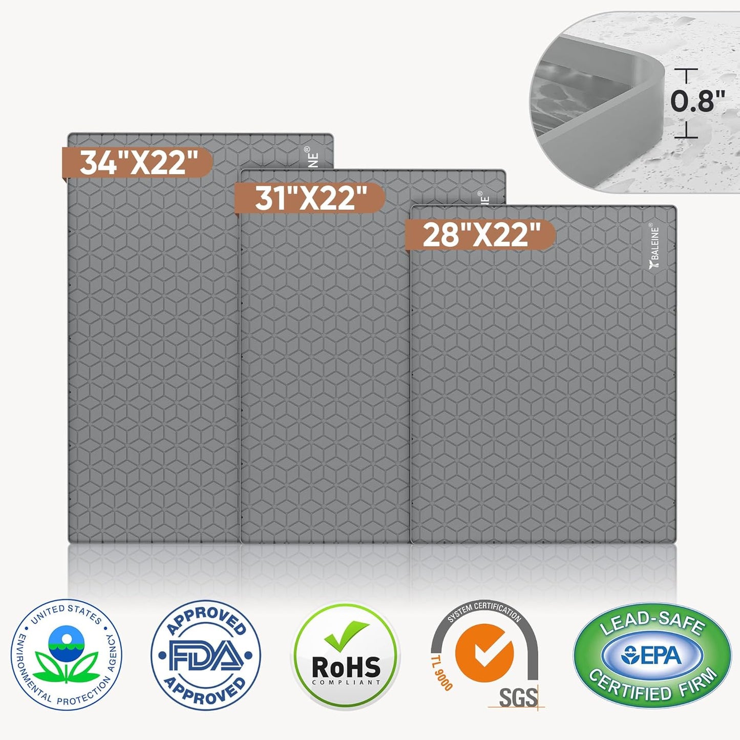 BALEINE 28''×22'' Under Sink Mat, Waterproof Food Grade Silicone Undersink Mat, Cabinet Shelf Drip Tray, Under Sink Liner for Kitchen, Bathroom (Grey)