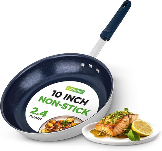 NutriChef 10" Medium Fry Pan - Medium Skillet Nonstick Frying Pan with Silicone Handle, Ceramic Coating, Blue Silicone Handle, Stain-Resistant And Easy To Clean, Professional Home Cookware