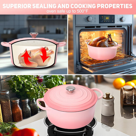 5QT Enameled Cast Iron Bread Oven with Proofing Basket for Bread Baking, Bread Making Supplies Tools,Heavy-Duty Cookware for Braising, Stews, Roasting, Bread Baking (Pink)