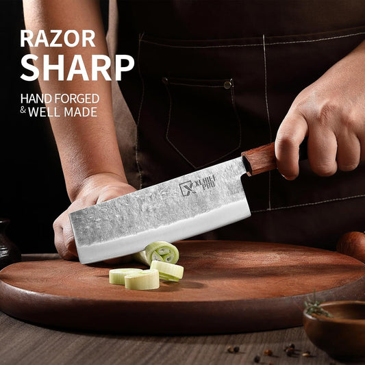 Japan Knife Set, High Carbon Steel Japan Nakiri Santoku Knife Set, Hand Forged Meat Cleaver Butcher Knife with Accessories for Kitchen, Camping BBQ Knives Set with Bag