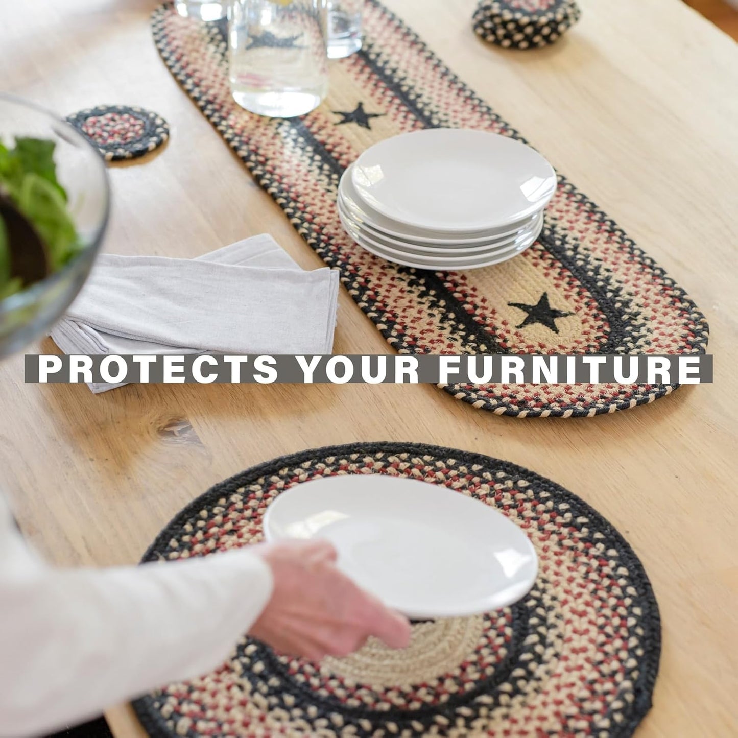 Homespice Primitive Star Gloucester Braided Oval Table Runner, Warm Primitive Decor, Black and Red 11x36 - Jute Dining Table Accessories - Rich Colors, Easy to Clean, Durable and Protects Furniture