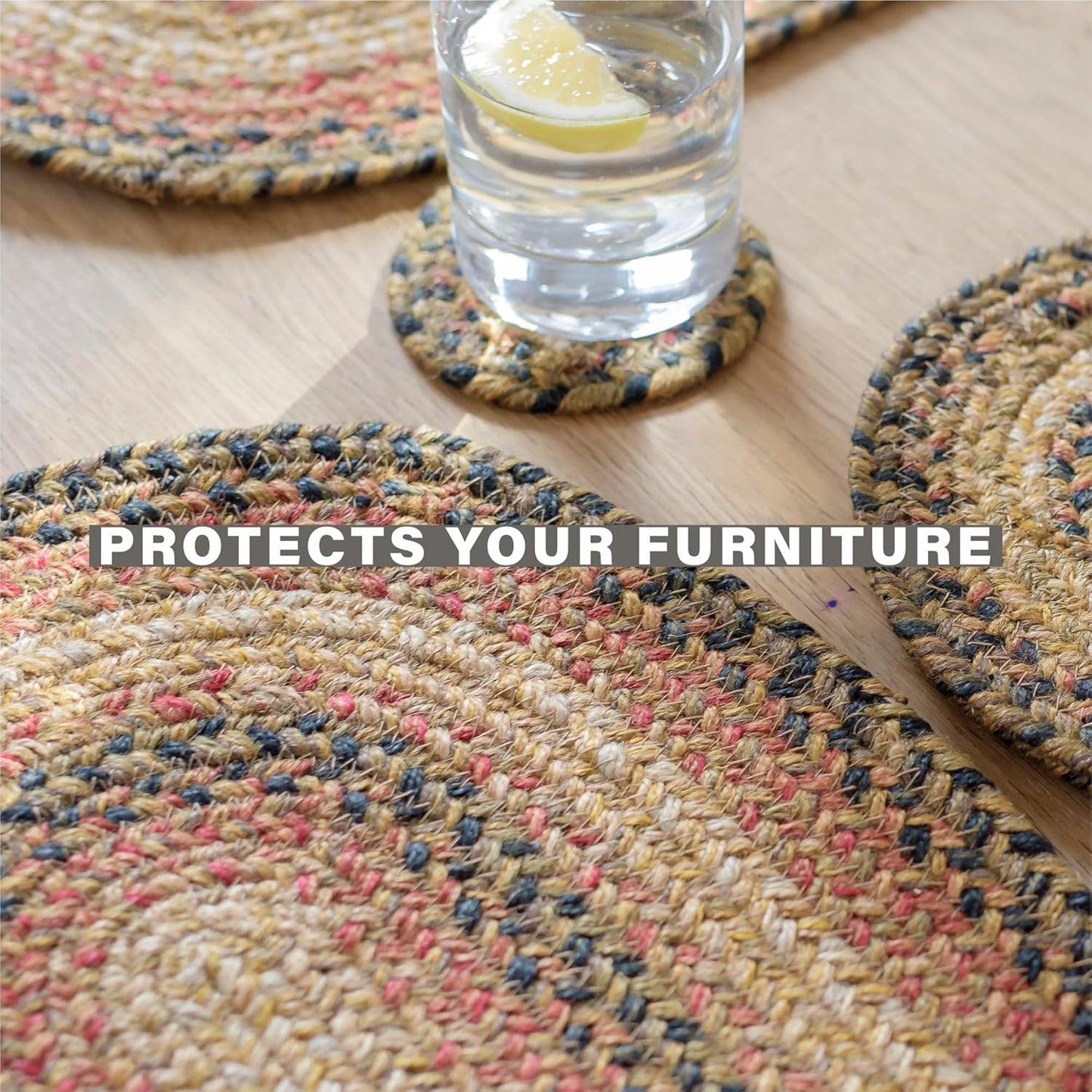 Homespice Russet Jute Braided Oval Placemats, Warm Country Decor, Set of 6, 13x19 Multicolor Table Mats - Vibrant Colors, Durable, Easy to Clean and Protects Furniture