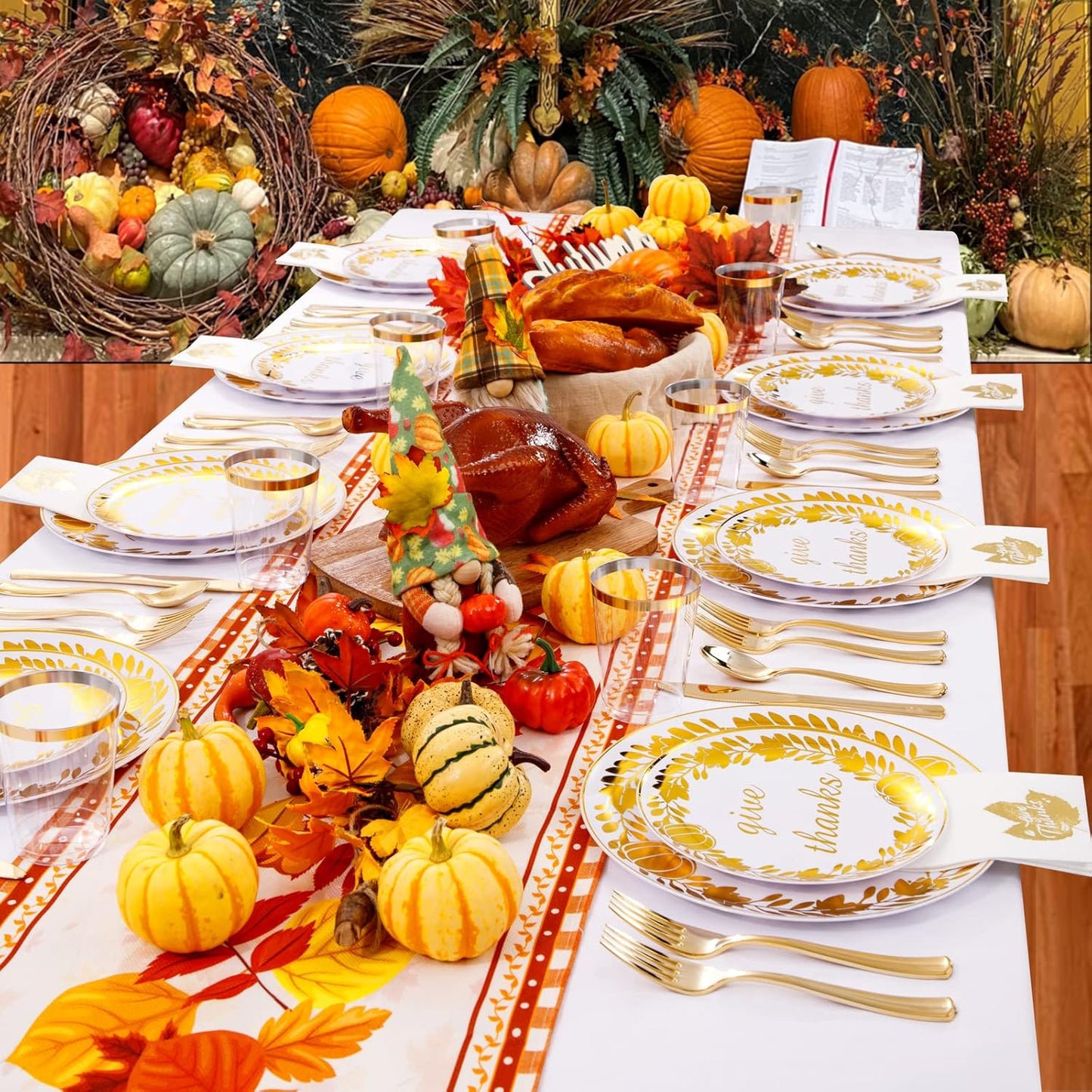 YOUBET 175PCS Thanksgiving Plastic Plates - Thanksgiving Gold Disposable Plates - Fall Plastic Plate Include 50 Plate, 25forks, 25Knives, 25Spoons, 25 Napkins, 25Cups for Fall Party