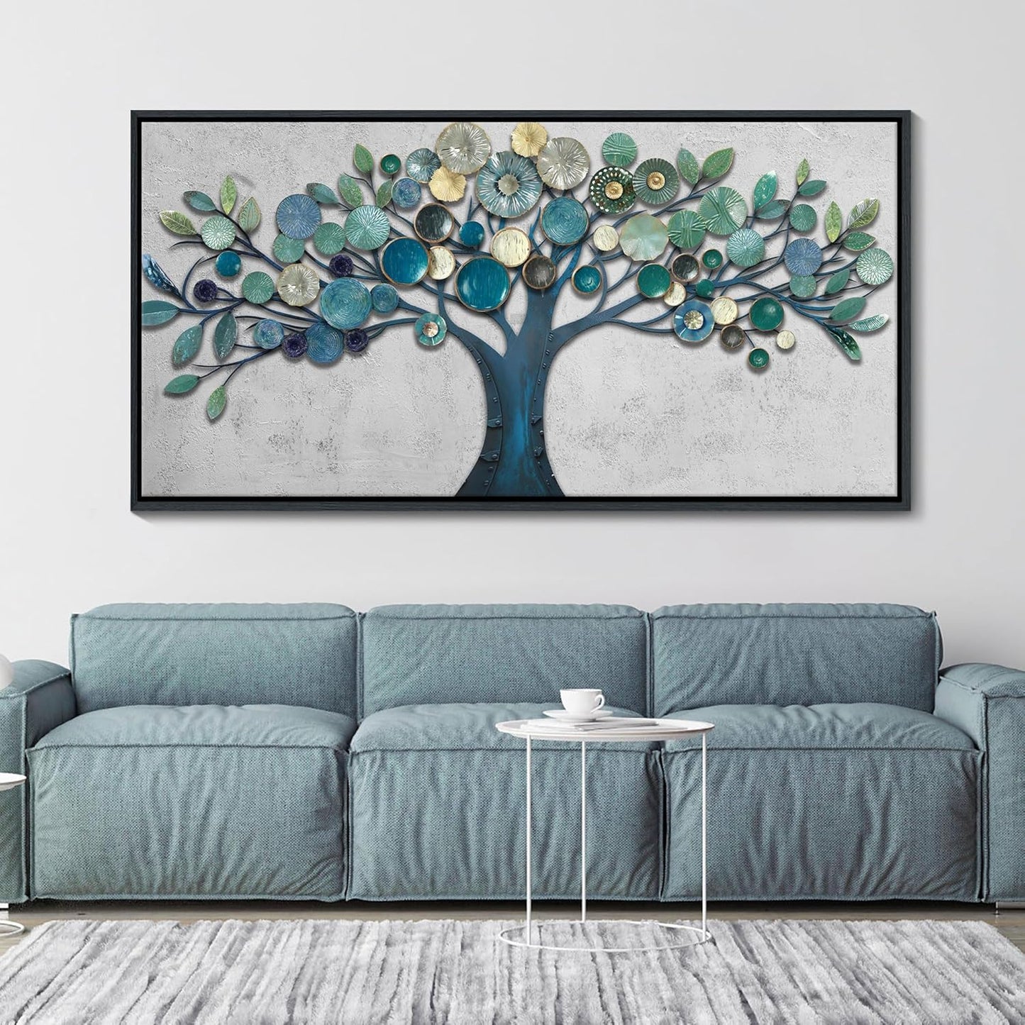 CHATYOUNG Large Wall Art Office - Framed Blue Gold Leaves Gray Background Canvas Print Nature Wall Paintings Artwork for Living Room Bedroom Office Kitchen Home Wall Decor 58"x29"