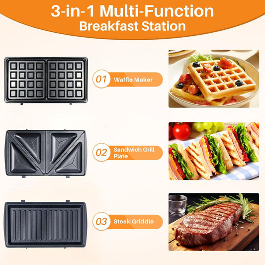 3-in-1 Waffle Maker with Removable Plates, Breakfast Sandwich Press Precise 210°F-450°F/100°C-230°C Control, Easy Clean, Meet Various Needs (3-in-1 Waffle Maker)