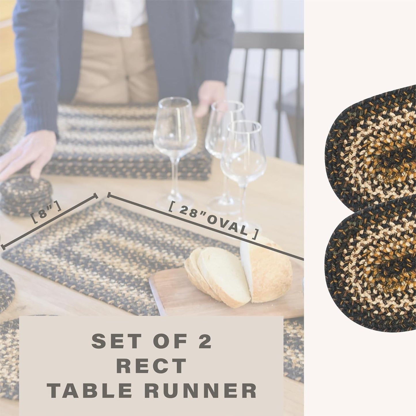 Homespice Kilimanjaro Jute Braided Table Runner, Warm Primitive Decor, Set of 2, Black and Brown Oval 8x28 - Rich Colors, Easy to Clean, Durable and Protects Furniture