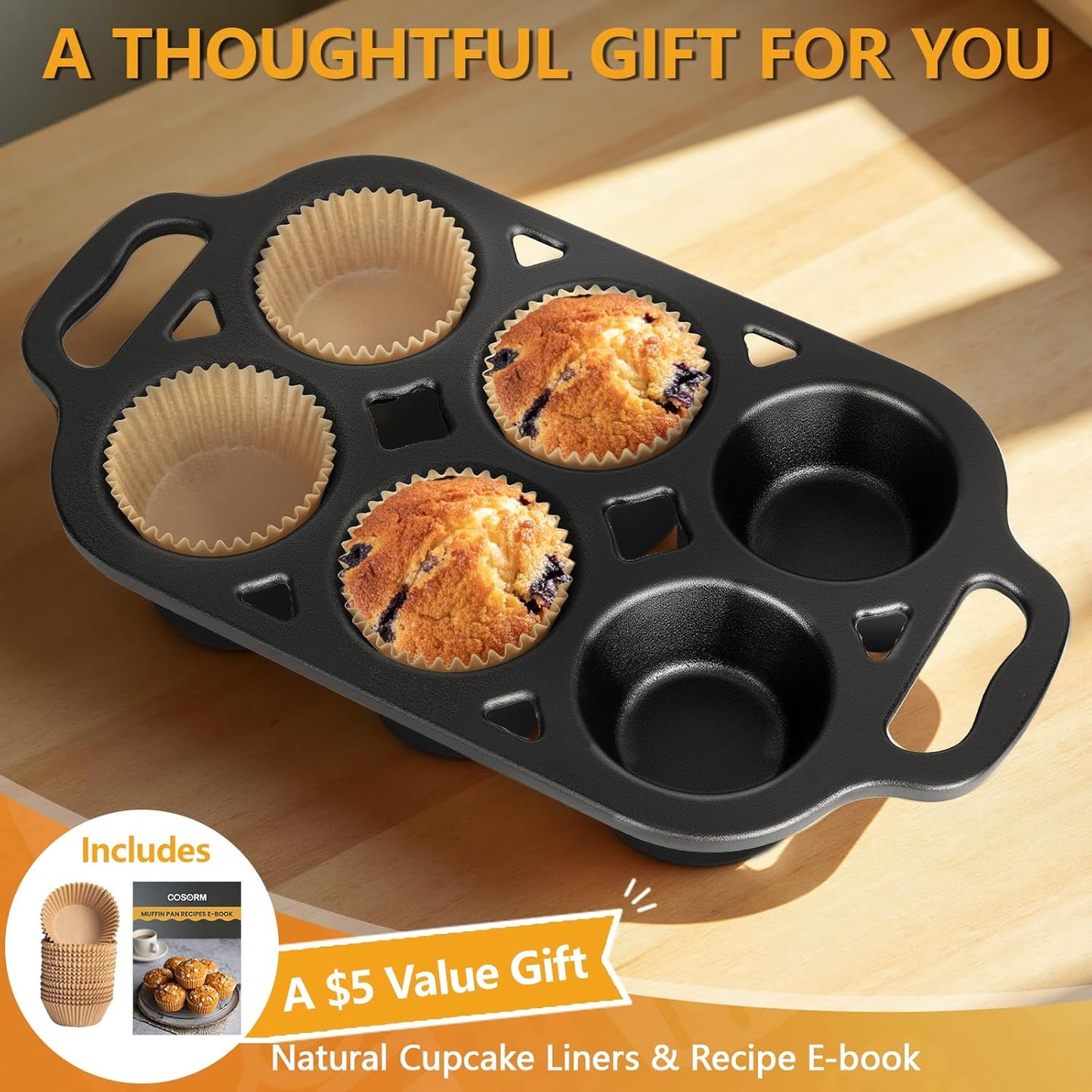 Pre-Seasoned Cast Iron Muffin Pan - 6-Cup Nonstick Cupcake Pan, 2 Piece Set