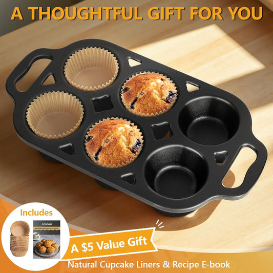 Pre-Seasoned Cast Iron Muffin Pan - 6-Cup Nonstick Cupcake Pan, 2 Piece Set