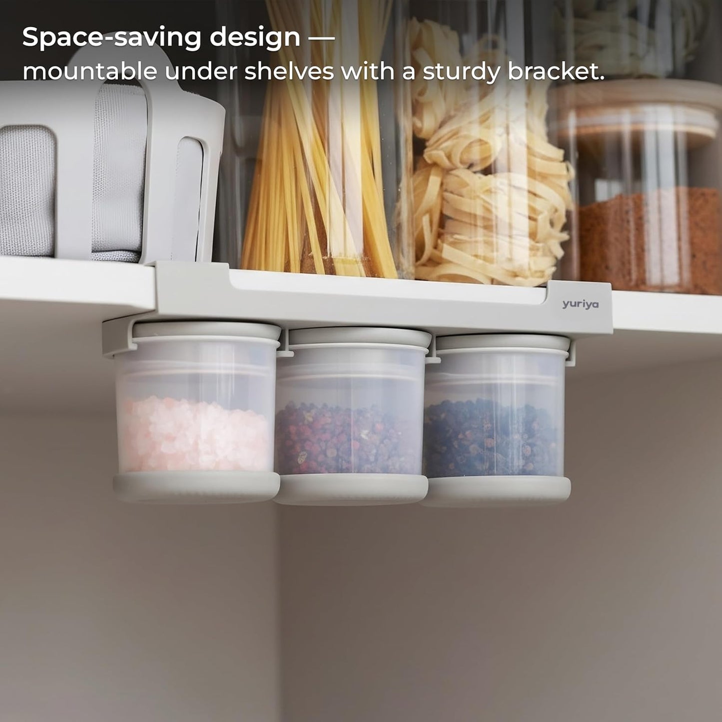 Under-Shelf Spice Rack with 3 Airtight Jars, Measuring Lids, Space-Saving Hanging Organizer for Salt, Sugar & Spices