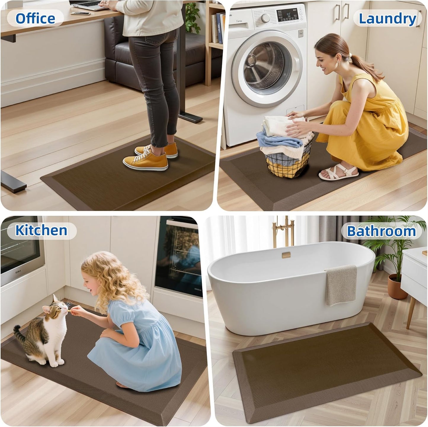 2 PCS Anti Fatigue Kitchen Mats for Floor, Brown 9/10 Extra Thick Cushioned Standing Desk Mat, Comfort Memory Foam Ergonomic Rugs and Mats Non-Slip Waterproof for Office, Kitchen, 20"x32"+20"x32"