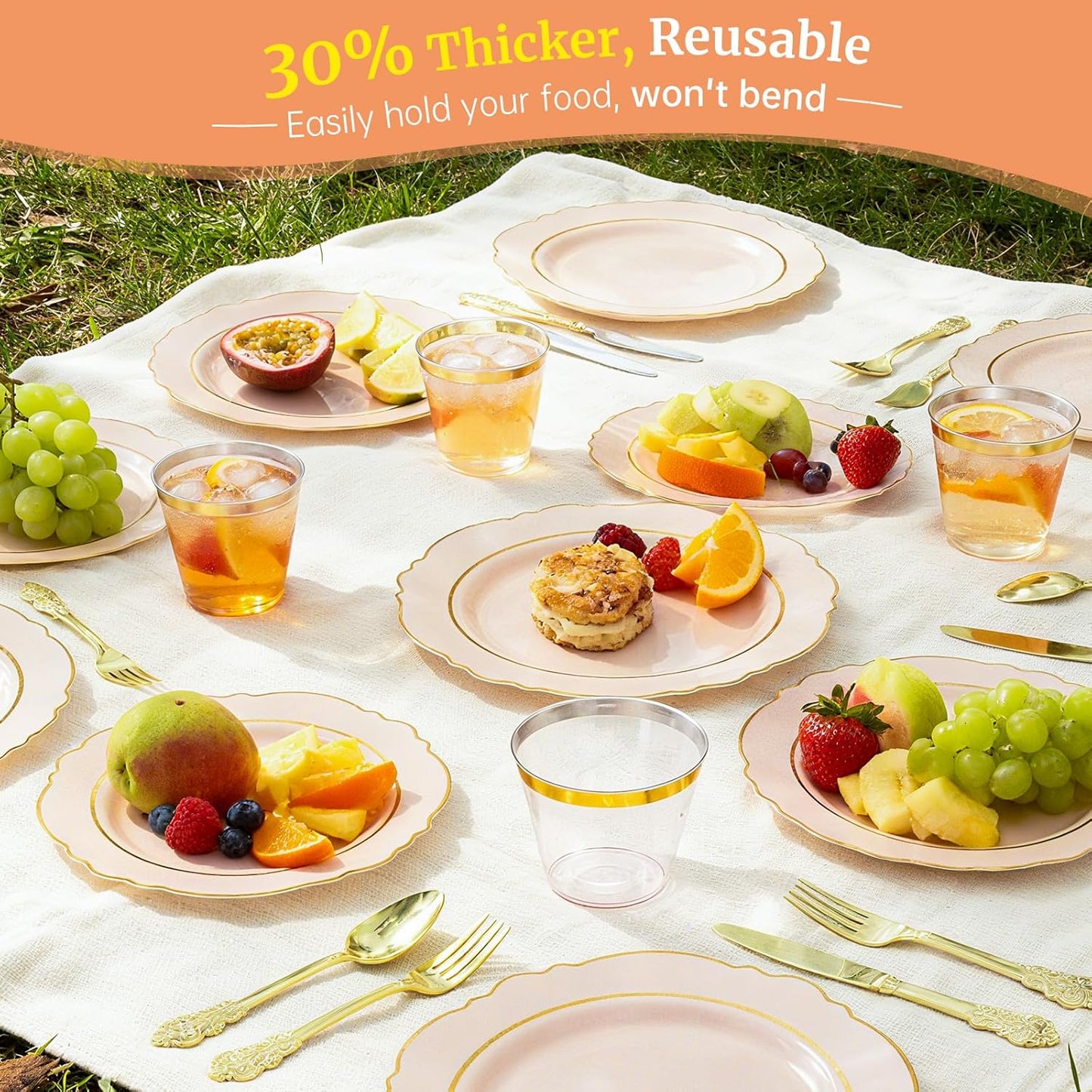 AIRE 175PCS Pink Gold Plastic Plates for Party, Dinnerware Sets for 25 Guests, Disposable Plastic Party Supplies Plates Cups Spoons Forks Knives Napkins for Wedding Birthday Baby Shower BBQ Parties