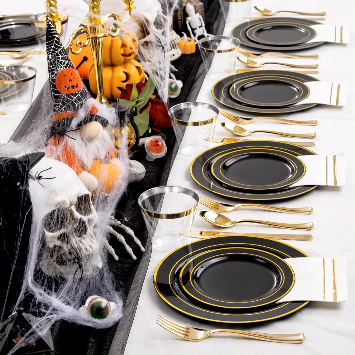 GATHER 350PCS Black Plastic Plates - Disposable Dinnerware Set Include 100PCS Black and Gold Plastic Plates, 150 Silverware, 50 Napkins, 50 Cups for Halloween Party