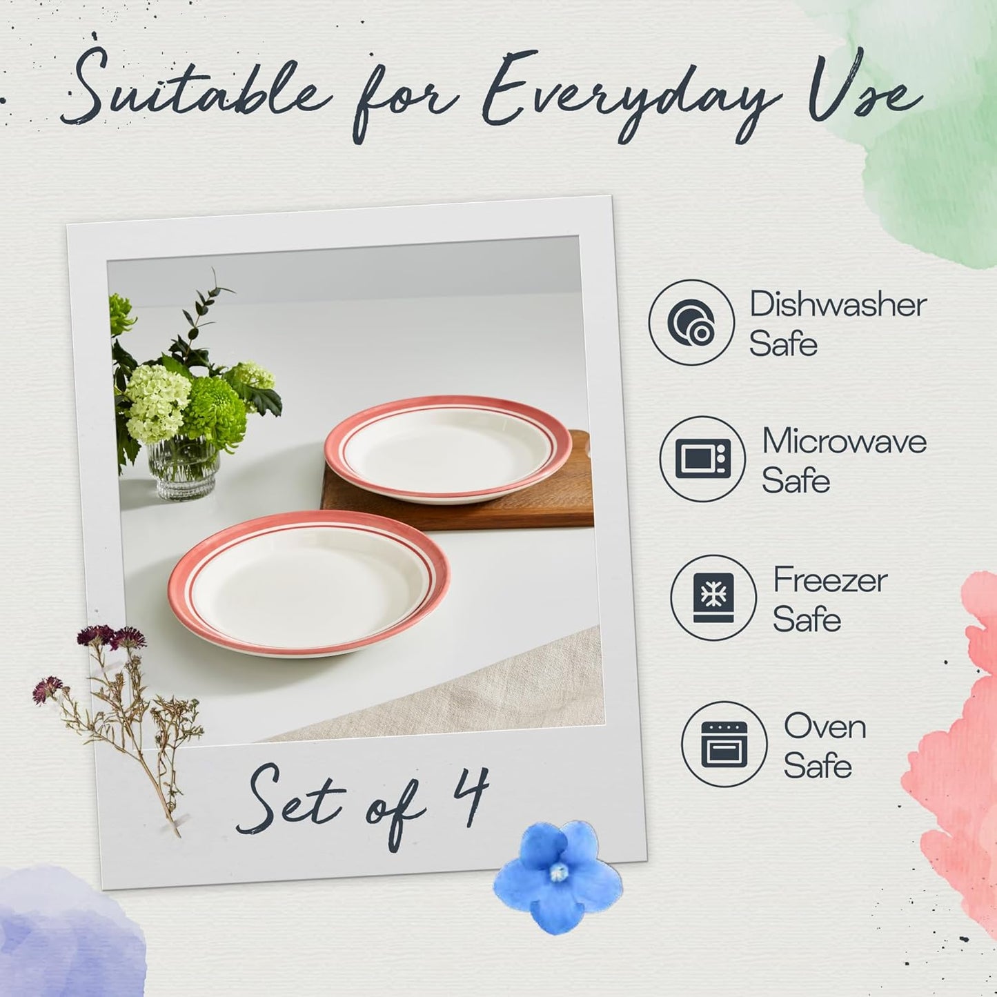 Portmeirion Potter's Striped Dinner Plate (Set of 4) - 10.5-Inch Stackable Earthenware Plates - Microwave & Dishwasher Safe, Handcrafted Dinnerware for Casual & Formal Table Settings (Red Stripe)