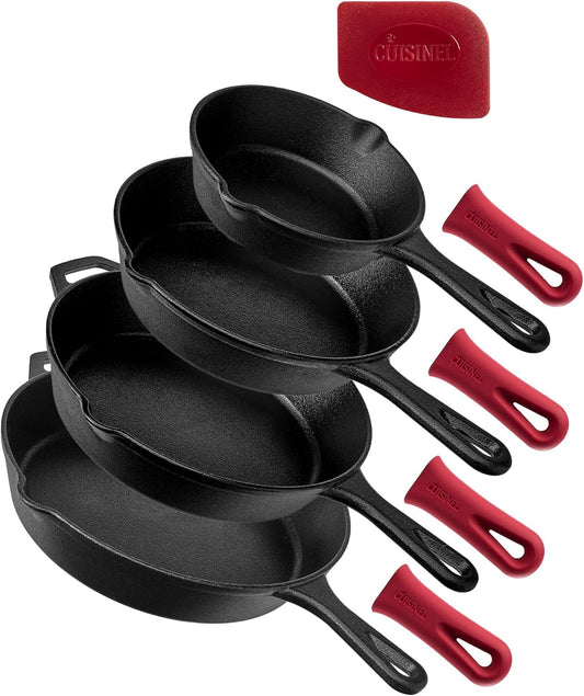 Cuisinel Cast Iron Skillets Set - 4-Piece Chef Pans Kit - 6" + 8" + 10" + 12"-Inch + 4 Silicone Grip Handle Holders - Pre-Seasoned Oven Cookware - Use Indoor/Outdoor, Grill, Stovetop, BBQ, Firepit