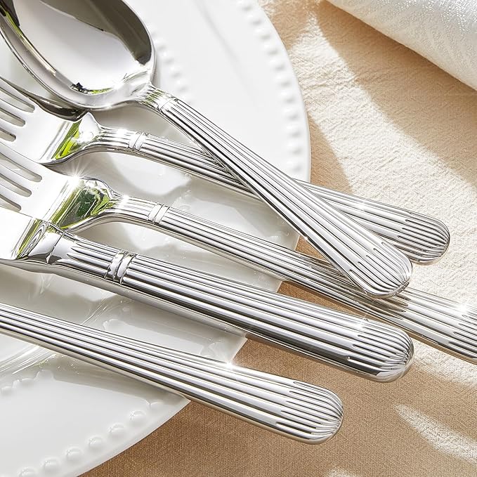 KINGSTONE 40-Piece Silverware Set, 18/10 Stainless Steel Flatware Set - Luxury Elegant Striped Cutlery with Dishwasher Safe, Durable for Family Dining, Catering, Weddings, Anniversaries Gift