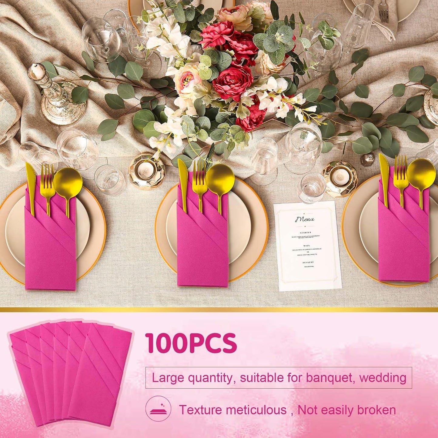 Qilery 100 Pcs Paper Linen Napkins Disposable Airlaid Paper Prefolded Dinner Napkins with Built in Flatware Pocket for Silverware Valentine Wedding Party Christmas Day (Hot Pink)
