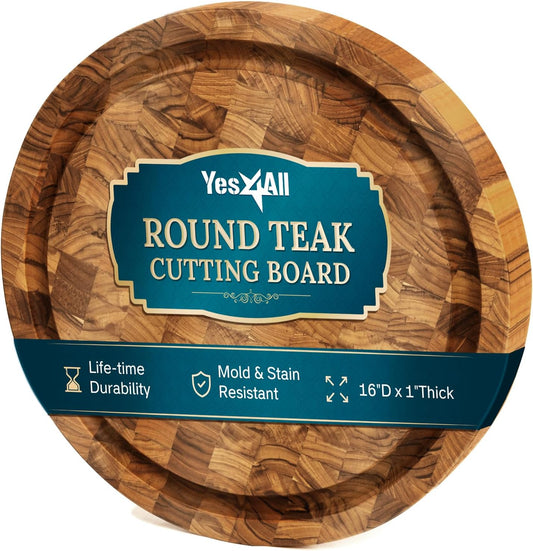 Yes4All Round Teak Cutting Boards for Kitchen, [16"D x 1"Thick] End Grain Cutting Board, Teak Wood Serving Board, Food Safe Surface for Slicing and Serving, Wood Charcuterie Board with Build In Handle