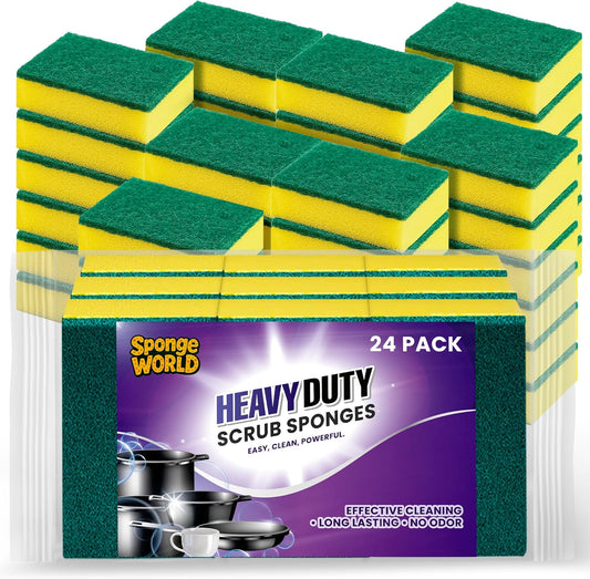Dish Sponge, Non Scratch Sponges, Heavy Duty Scrub Sponge 24 Pack, Kitchen Scrub Sponges, 2.8x4 inch, Pads for Dishes, for Use Everyday for Tough Messes dualsided SPONGE WORLD