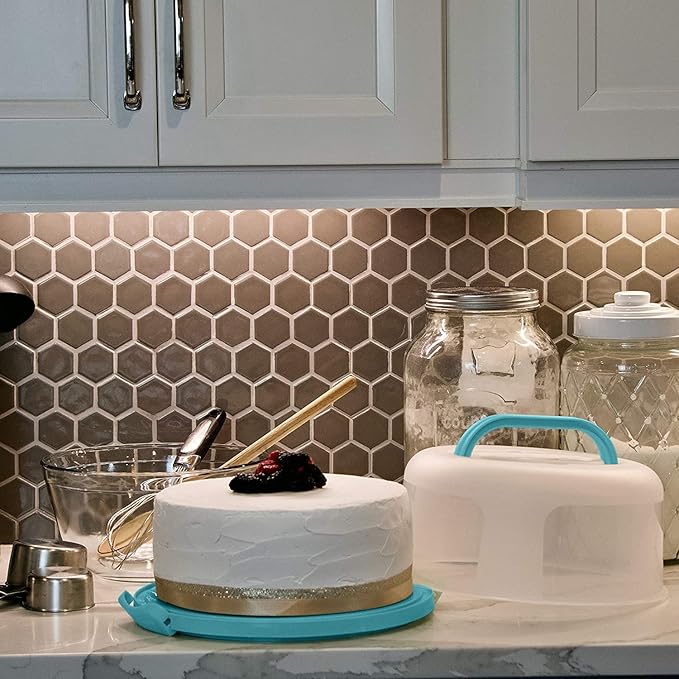 Top Shelf Elements Round Cake Carrier Two Sided Cake Holder Serves as Five Section Serving Tray, Portable Cake Stand Fits 10 inch Cake, Cake Box Comes With Handle, Cake Container Holds Pies (Aqua)