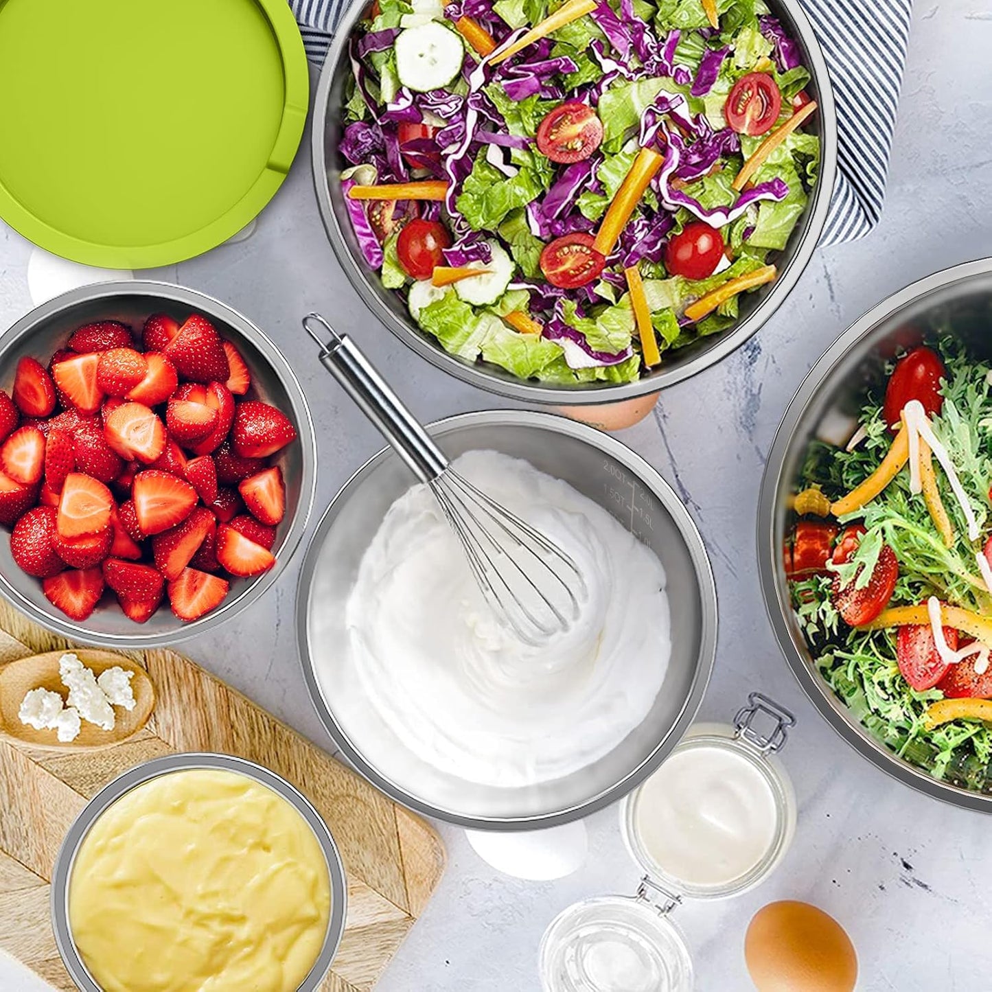 Wildone Mixing Bowls with Airtight Lids, 22 PCS Stainless Steel Mixing Bowls Set, 3 Grater Attachments, Measurement Marks & Non-Slip Bottom, Size 5, 4, 3, 2,1.5, 0.63QT, Ideal for Mixing & Prepping