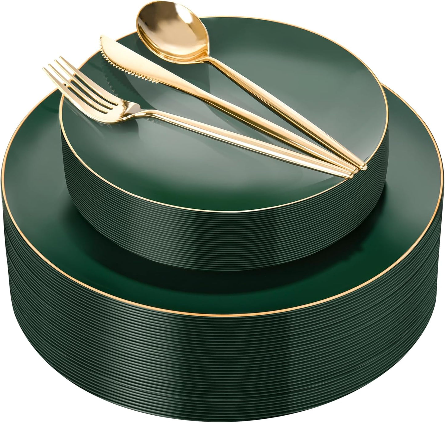 I00000 150Pcs Green Plastic Plates with Gold Rim, Fancy Christmas Plates,Green Disposable Plates Set include 30 Dinner Plate,30 Dessert Plate, 90 Plastic Silverware Set for Christmas,Party,Wedding