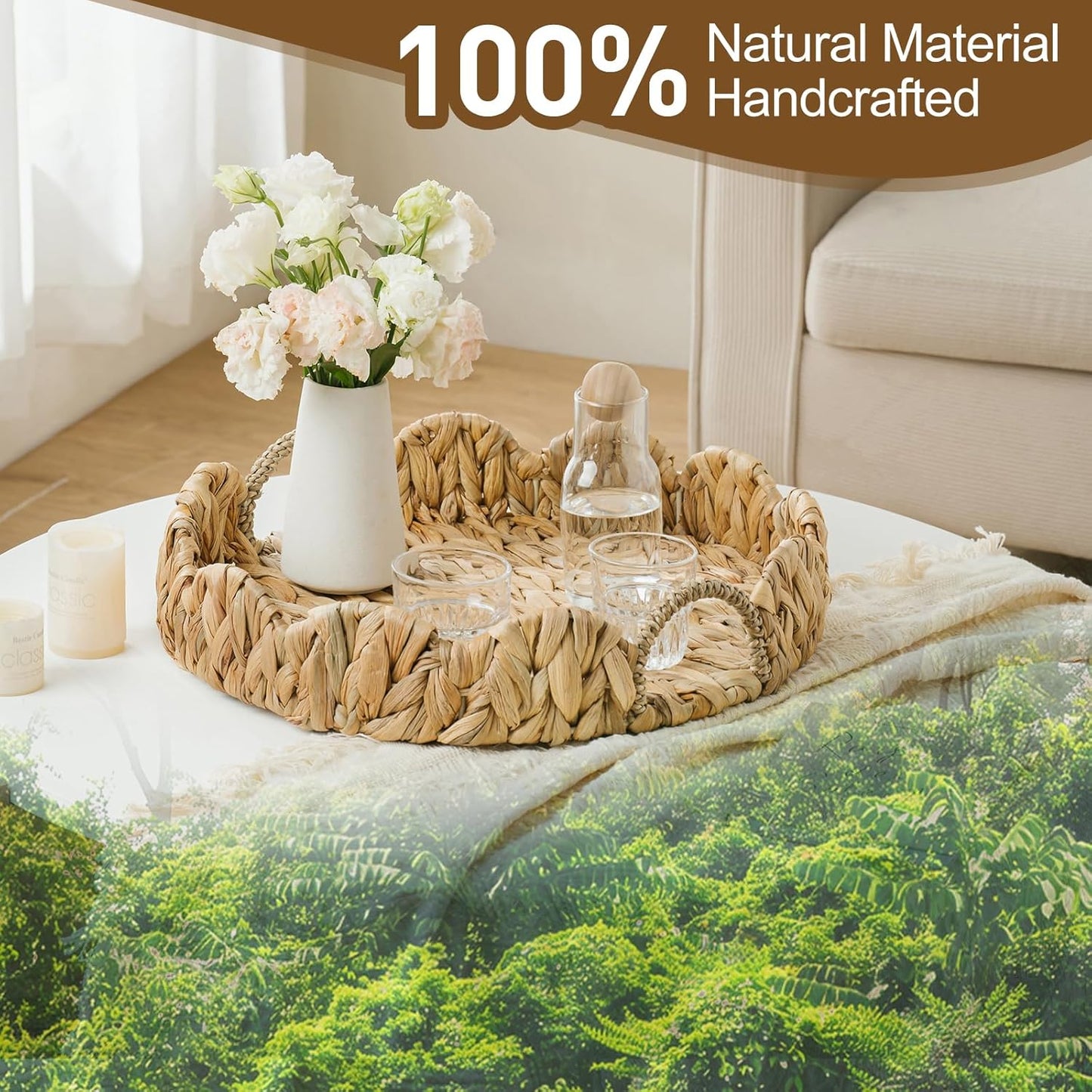 Round Wicker Scalloped Serving Tray with Handles - Seagrass Handwoven Trays,Water Hyacinth Tray for Home Decor and Living Room, Dining Table, Bathroom Organizing, 16.9" L x 16.9" W x 3.5" H