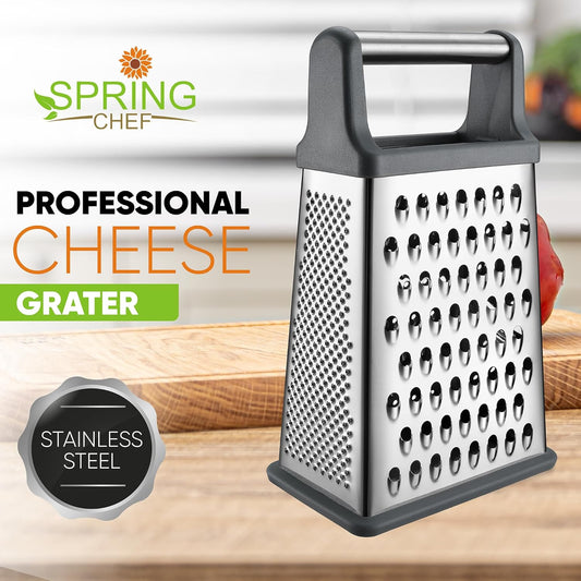 Spring Chef Professional Cheese Grater - Stainless Steel Box Grater for Kitchen, XL Size, 4 Sides - Perfect Shredder for Parmesan Cheese, Carrot, Potato, Ginger - Dishwasher Safe - Gray