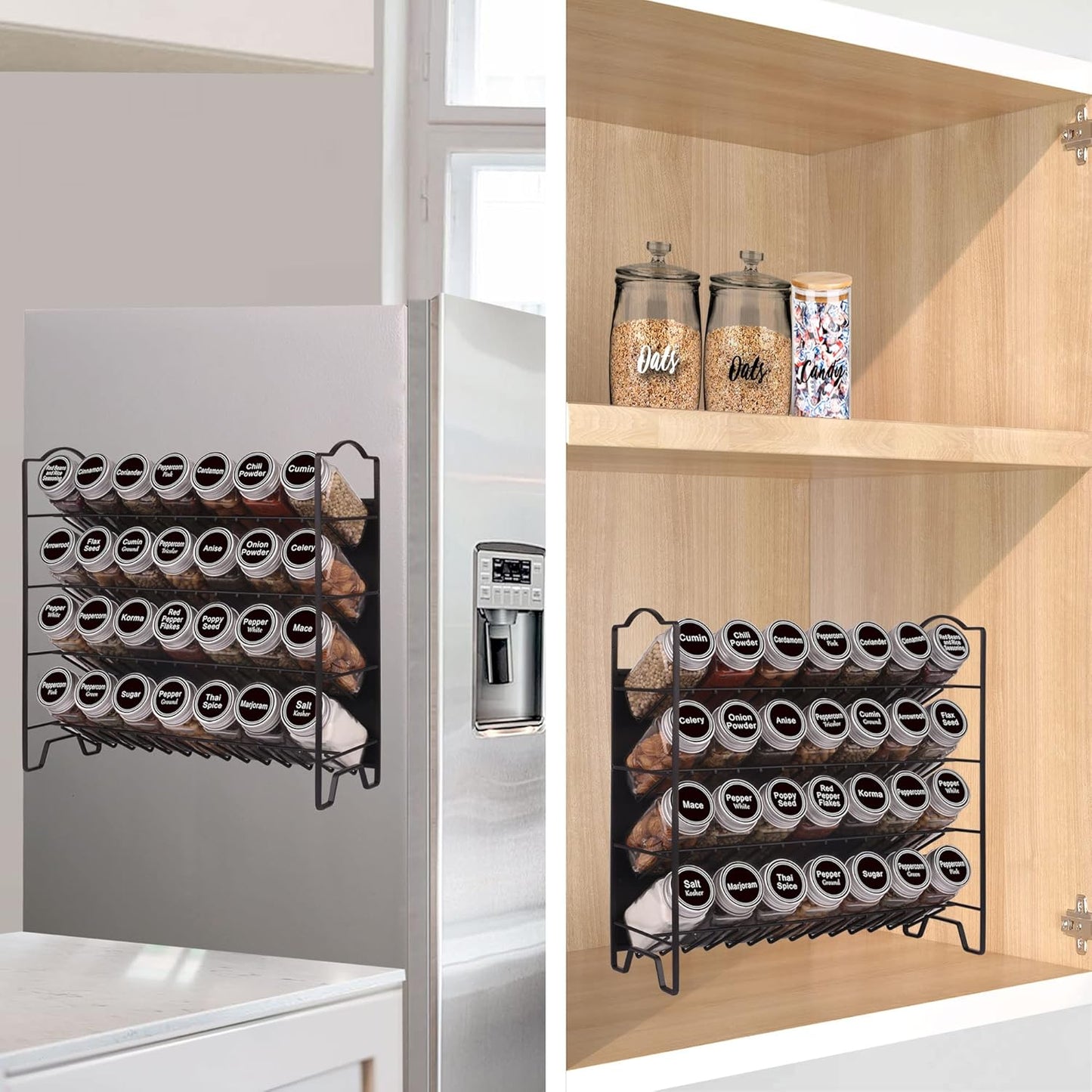 SWOMMOLY Magnetic Spice Rack Organizer with 28 Glass Spice Jars, 396 Spice Labels with Chalk Marker and Funnel Set for Refrigerator, Metal Fridge, Microwave, Cabinet, Countertop,12.9" W x 12.4" H