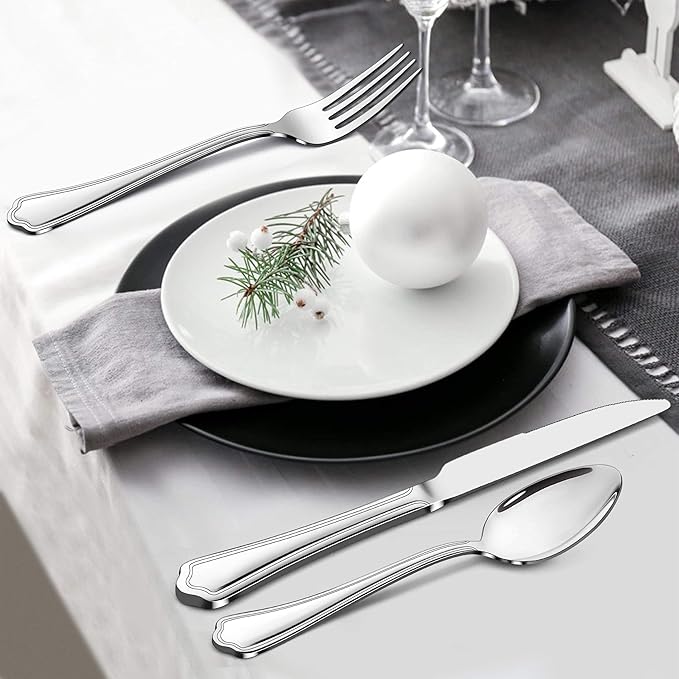 LIANYU 29-Piece Silverware Flatware Set for 4, Plus Steak Knives and Serving Utensils, Stainless Steel Cutlery Set, Eating Utensils Tableware with Scalloped Edge, Dishwasher Safe