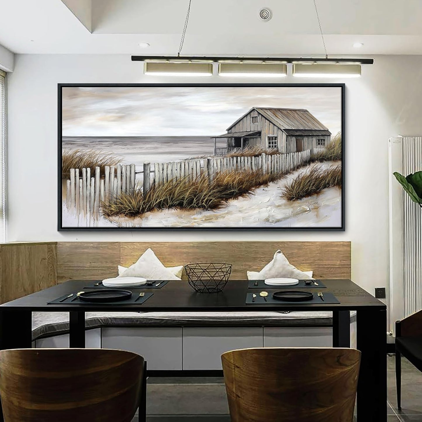 YDYSUNE Village Coastal Wall Art for Living Room - Retro Beach Fenced House Large Canvas Wall Decor for Home Artwork Painting Print for Bedroom Decoration Kitchen Office Hang a Picture Framed 29x58 Inches