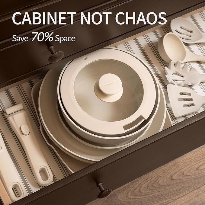 23PCS Ceramic Nonstick Cookware Set, Nonstick Detachable Handle Ceramic Cookware, Induction Kitchen Cooking Set with Removable Handle,include Frying Pans & Saucepans Oven Safe, Stackable Set