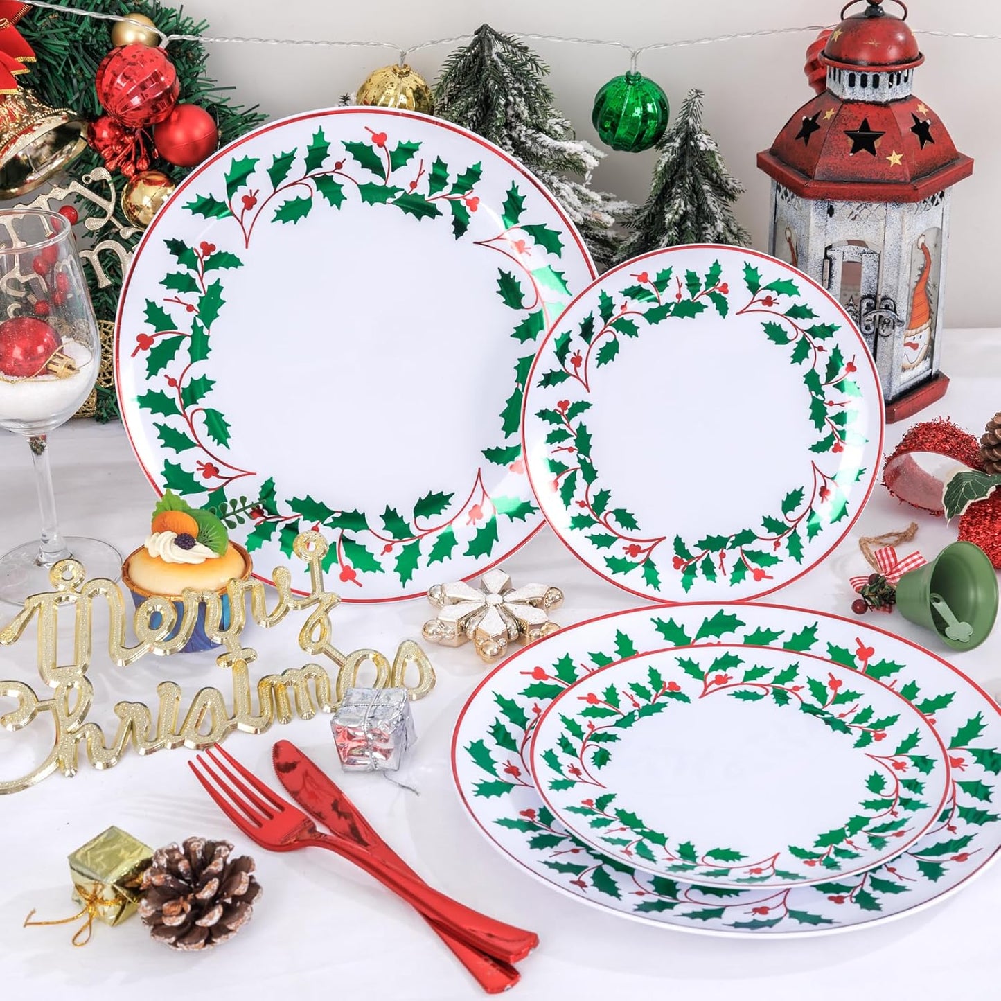 KIRE 150PCS Christmas Plates Disposable - Christmas Plates Dinnerware - White Plastic Plates With Berry And Leaves Design, Red Plastic Silverware And Cups With Red Rim For Christmas Party Supplies