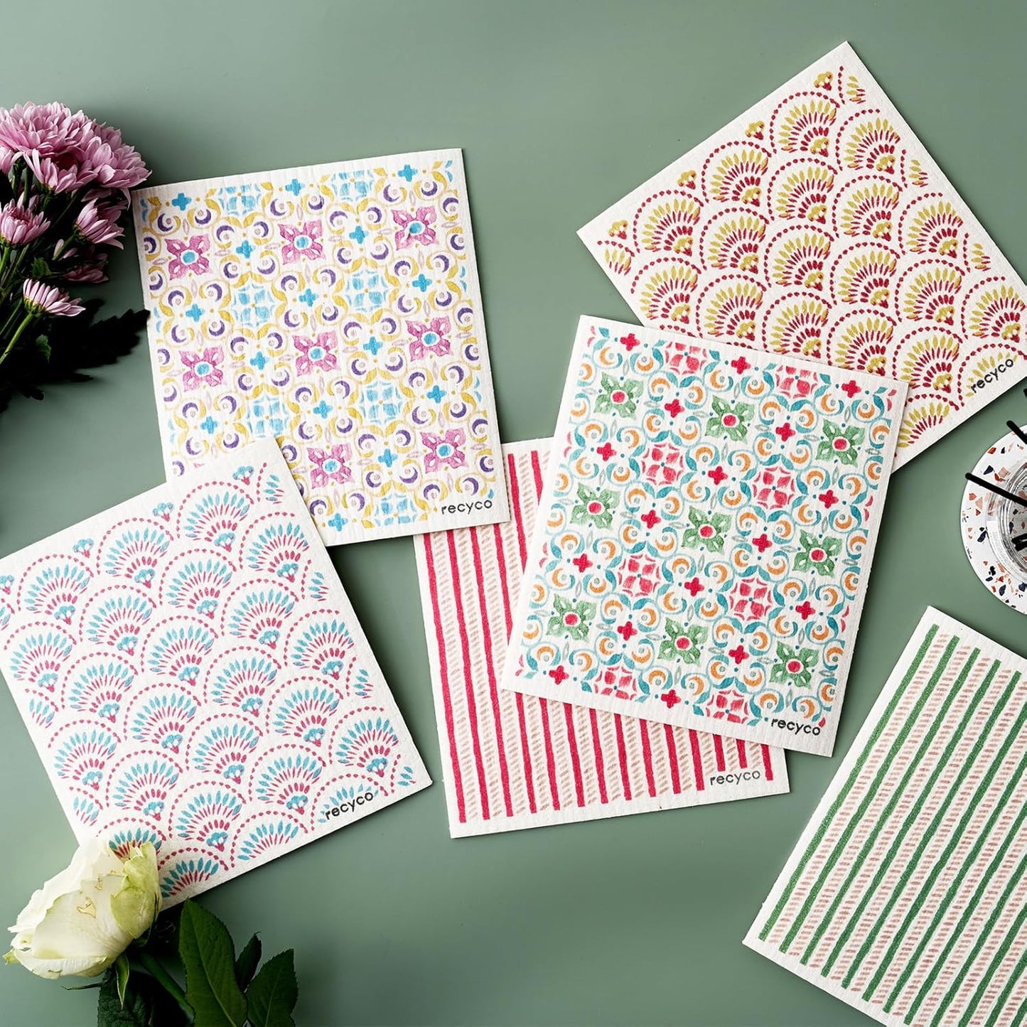 RECYCO Swedish Dishcloths for Kitchen | 6 Pack Boho Mosaic Bliss Washable Dish Rags | Cellulose Reusable Cleaning Paper Towels | Absorbent Counter Dish Cloth Sponge Kitchen Wipes, 8" L x 7" W