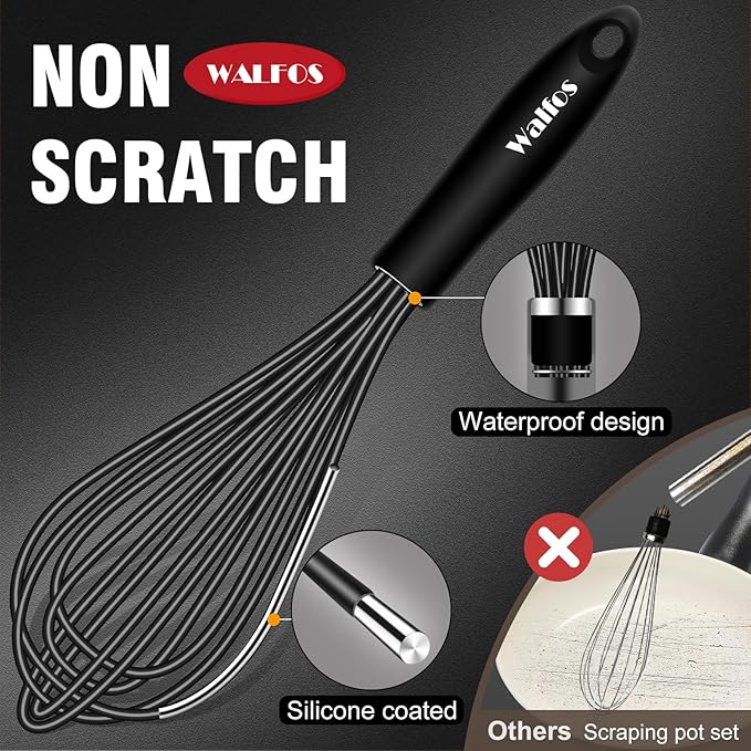 Walfos Silicone Whisk,7+9in Mini Whisk,BPA Free,Small Whisks for Non-Scratch,Heat Resistant (450°F) Nice for stirring individual eggs and mixing small amounts of powder and sauce.Dishwasher Safe.Black
