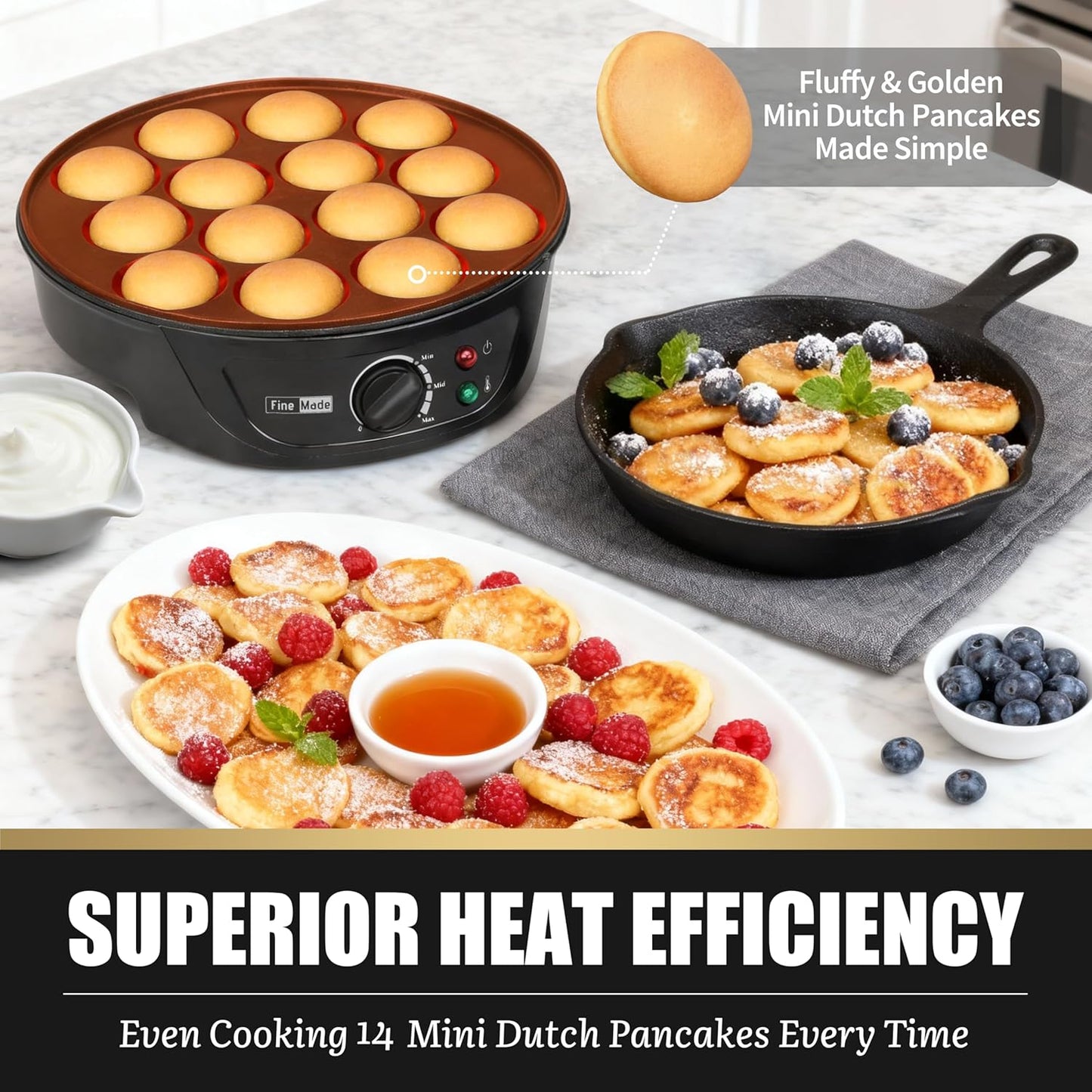 Non Stick Mini Pancakes Maker Machine, Electric Poffertjes Pan with Browning Control, Small Ebelskiver Aebleskiver Pan, Dutch Mini Pancake Maker, with Brush & Forks, 14 Slots, Black