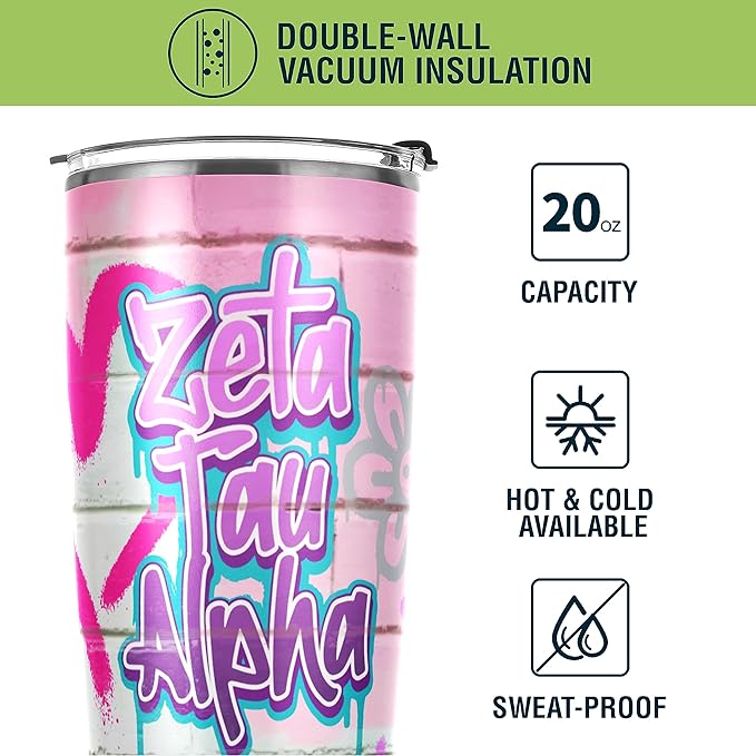 Zeta Tau Alpha Paraphernalia Officially Licensed - 20 oz Stainless Steel Insulated Sublimation Tumbler - Graffiti