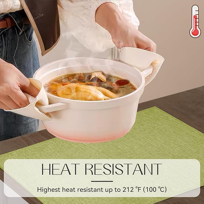 Romanstile Cloth Placemats Set of 8-12 x 18 Inch, Heat Resistant Double Layered Thickened Burlap Place Mats, Washable Faux Linen Farmhouse Table Mats for Kitchen/Dining/Party/Outdoor, Green