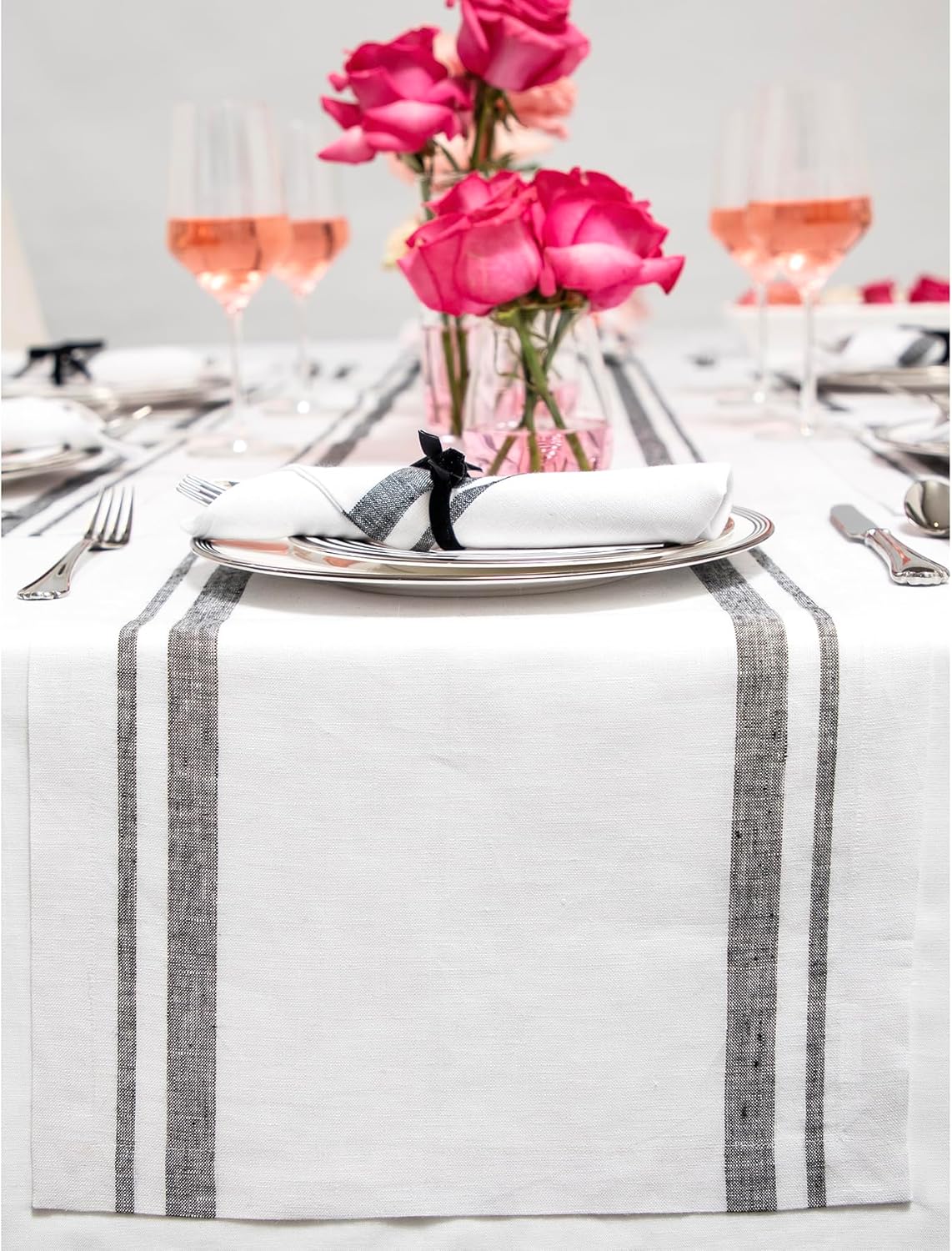 Solino Home Linen Table Runner 120 Inches Long - 100% Pure Linen Black and White French Stripe Table Runner 14 x 120 Inch for Dining, Fall, Autumn, Halloween, Thanksgiving