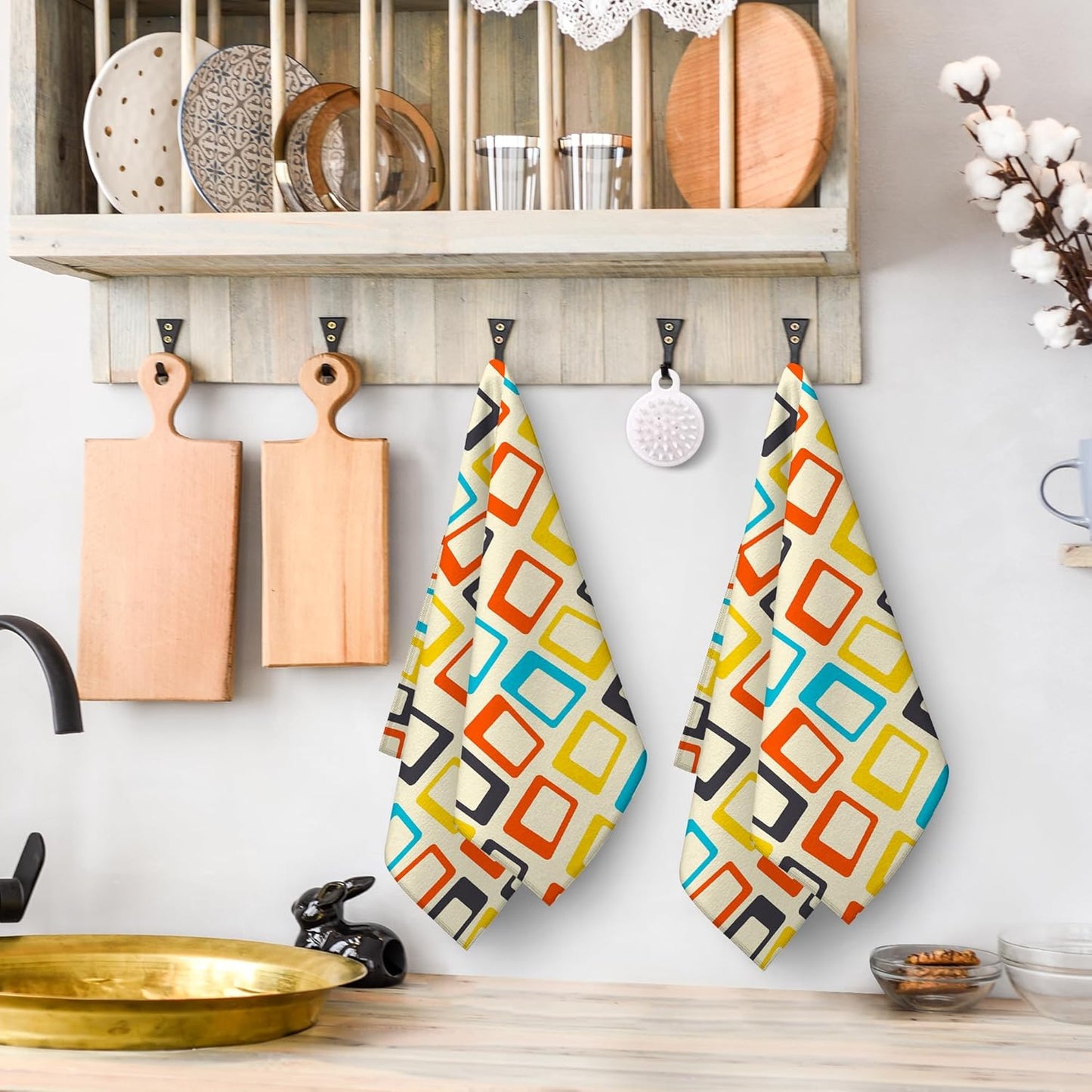 Cukemip Mid Century Modern Kitchen Towel Decorative Set of 2, Absorbent Retro Dish Towels Teal Towels for Kitchen Bar Baking Drying Cleaning,Housewarming Gifts for Women