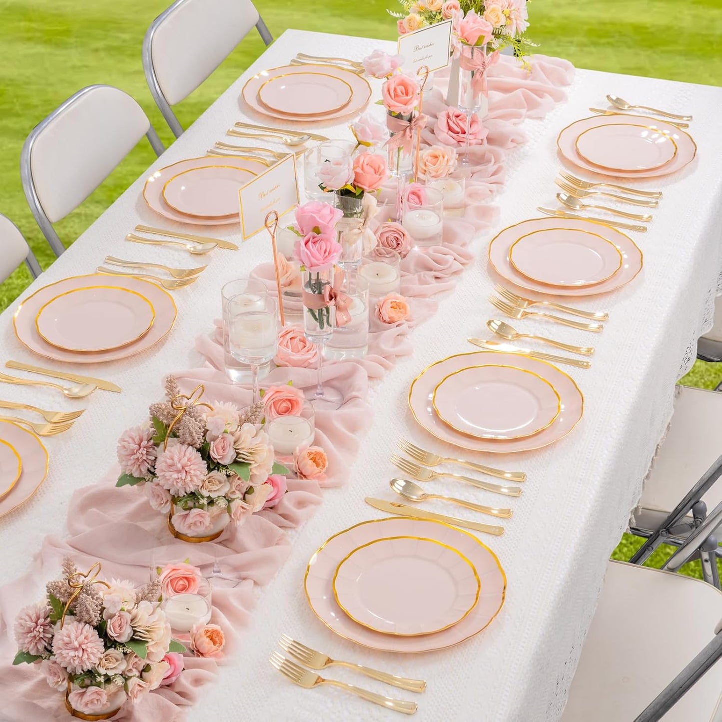EI 150pcs Pink Plastic Plates with Gold Plastic Silverware,Pink Party Plates,Heavy Duty Plate Disposable,Gold Dinnerware Set for Birthday, Afternoon Tea,Wedding