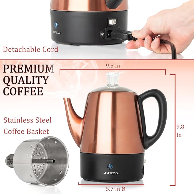 Mixpresso 4 Cup Percolator Coffee Pot Electric, Copper Stainless Steel Coffee Percolator Electric With Keep Warm Function, Classic Perculator Pot With Removable Basket for Home or Office
