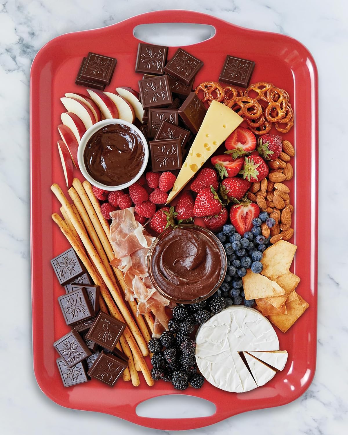 17.5 x 12’’ Large Melamine Serving Tray with Handles, Set of 2 Rectangular Melamine Serving Platters, Dishwasher Safe Trays for Eating, Appetizer, Charcuterie, Snack, Fruits, Desserts, Red