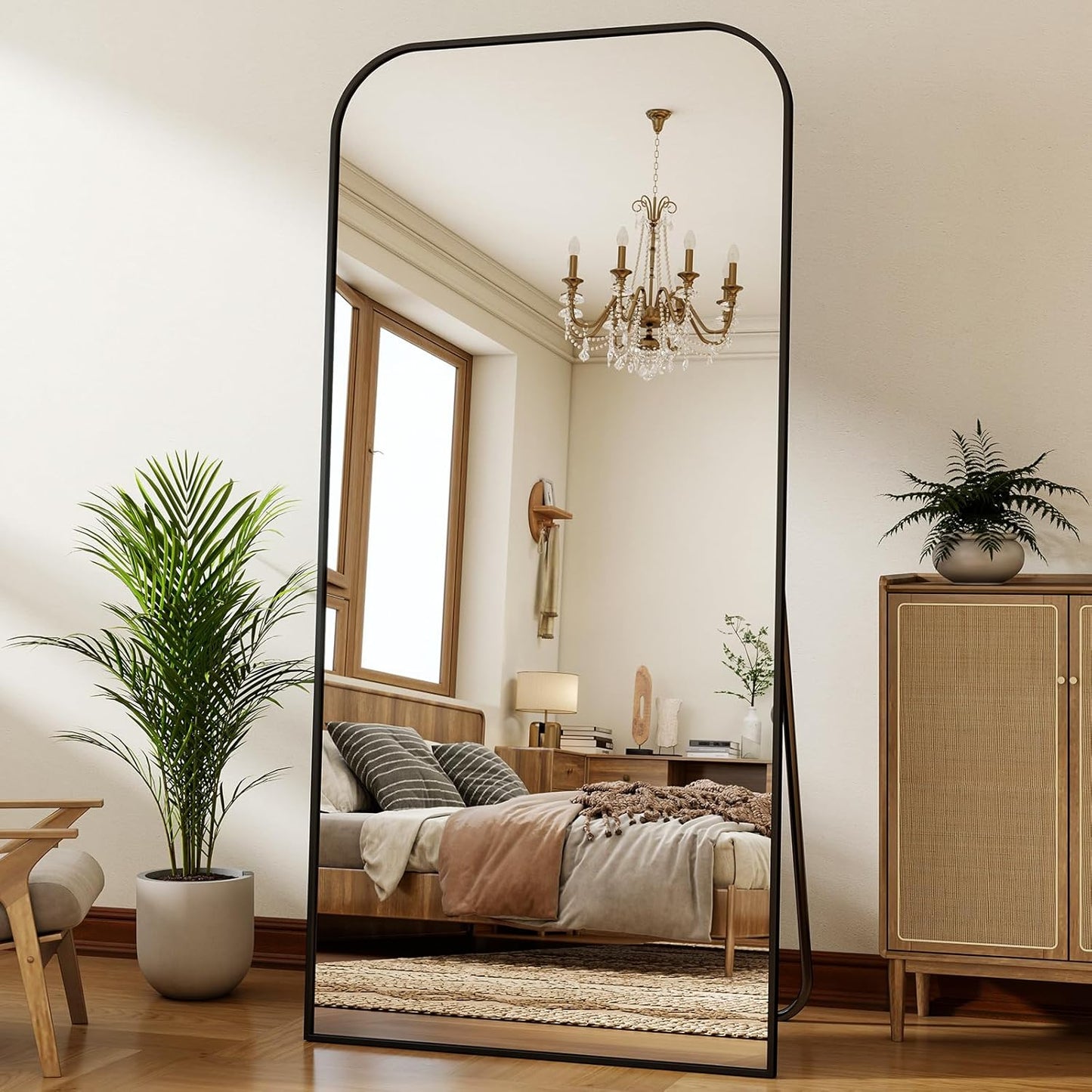 77x38 Inch Floor Length Mirror with Stand, Full Length Standing Mirror for Bedroom, Full Body Tall Mirrors with Modern Aluminum Alloy Frame in Black, Home Decor