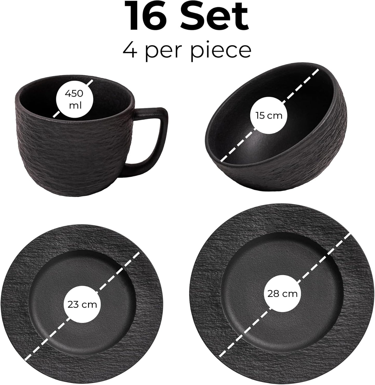 MIAMIO - 16-pc Dinnerware Set Black/Modern Ceramic Tableware/Dinnerware/Set for 4 Persons - Oasis Collection