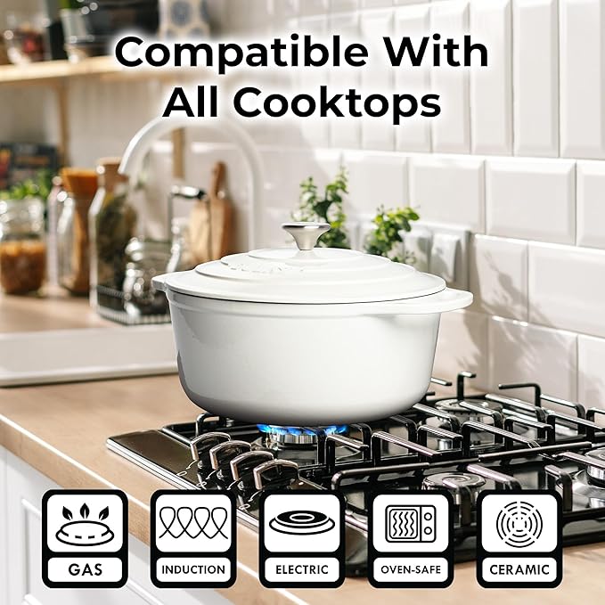 Zulay Kitchen 6 Quart Enameled Cast Iron Dutch Oven Pot with Lid – Premium Durability & Oven Safe up to 500°F – Heavy Duty Cookware Perfect for Bread Baking, Stews, Braising & Roasting – White