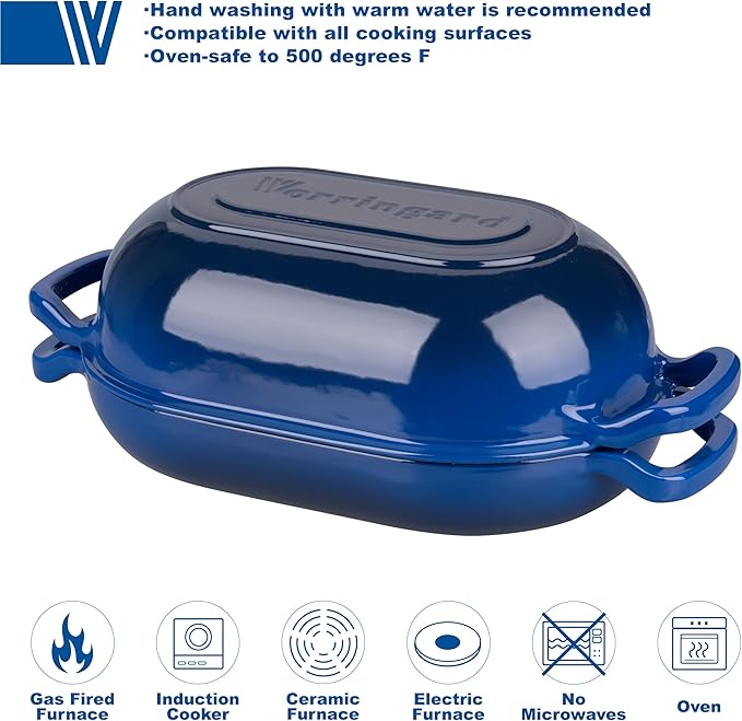 Enameled Cast Iron Sourdough Bread Oven, Dutch Oven, Loaf Cast Iron Bread Pan for Homemade Bread Baking, Meatloaf Pan with Lid, 5QT, Blue