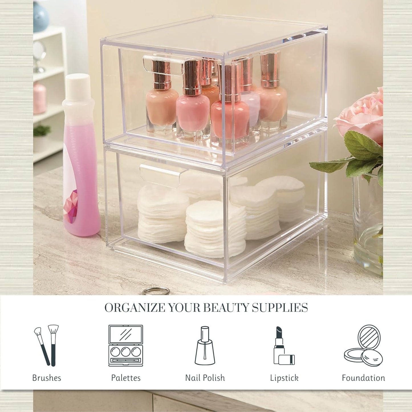 STORi Audrey Stackable Clear Bin Plastic Organizer Drawers | 2 Piece Set | Organize Cosmetics and Beauty Supplies on a Vanity | Made in USA