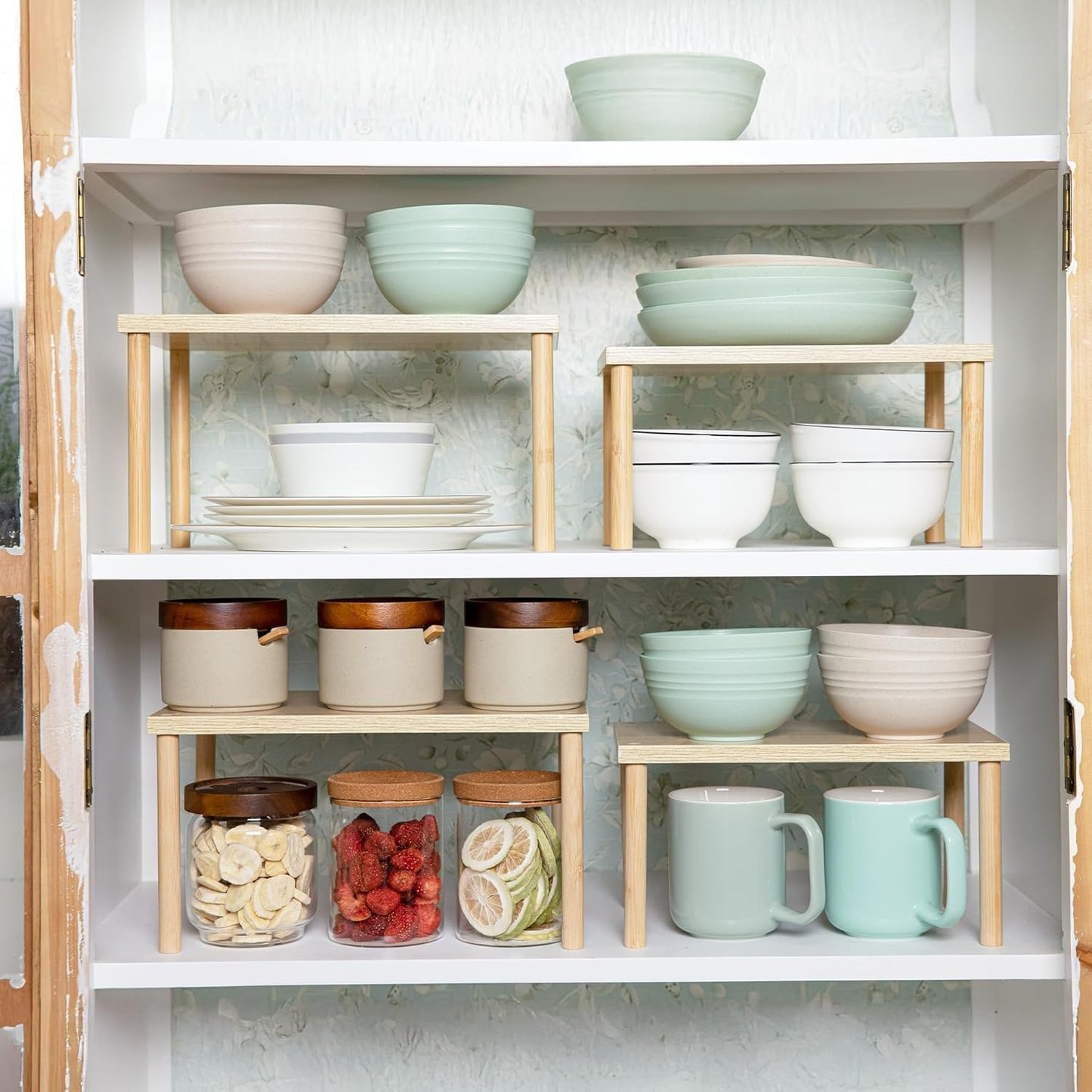 Wood Cabinet Organizer Shelf, Set of 4 Kitchen Counter Shelves, Stackable Spice Organization for Cabinet, Pantry Cupboard Dish Mug Cup Storage Shelf